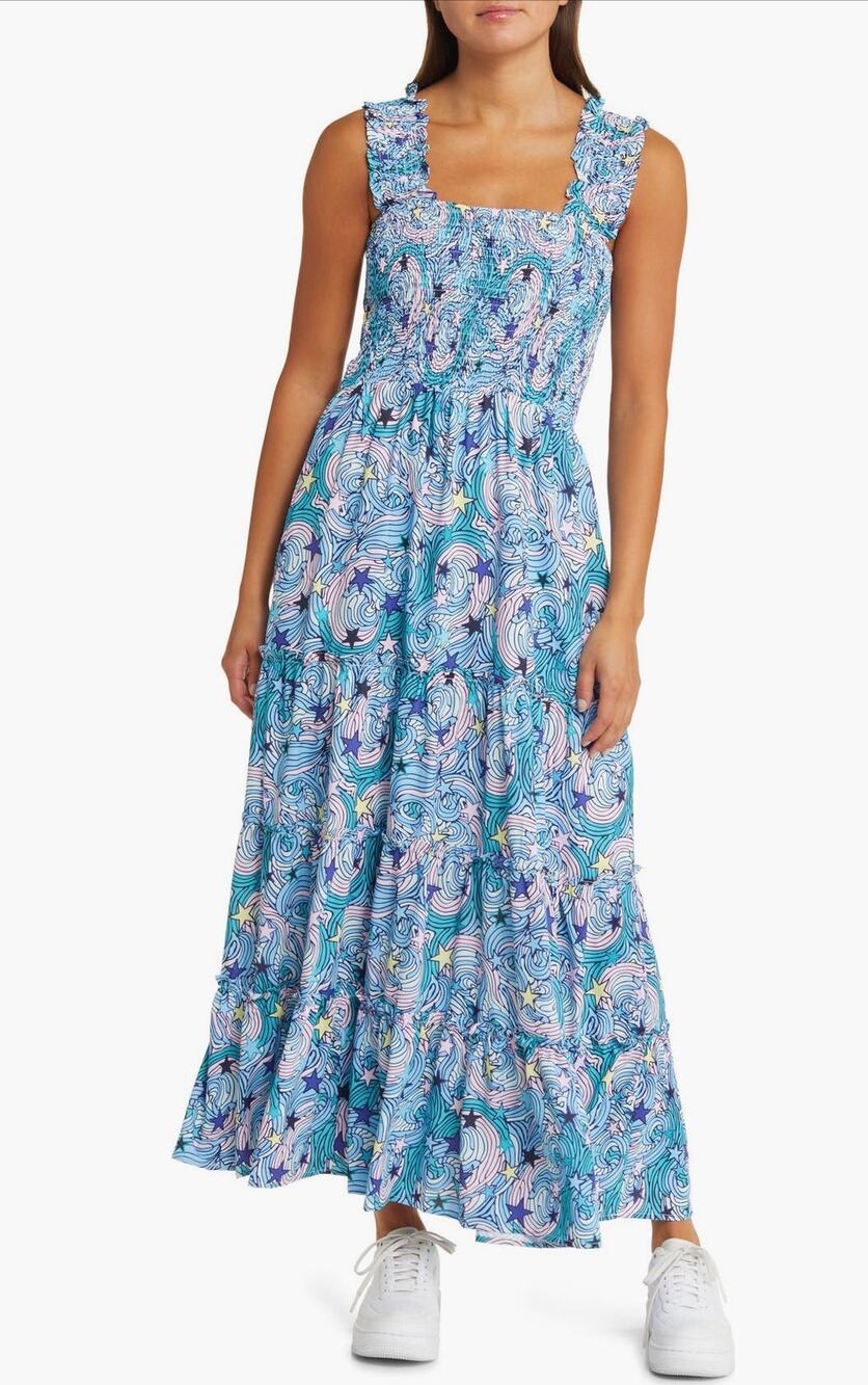 NWT Dressed In Lala Rule Breaker Smocked Maxi Dress Wonder Girl Blue Pink Small